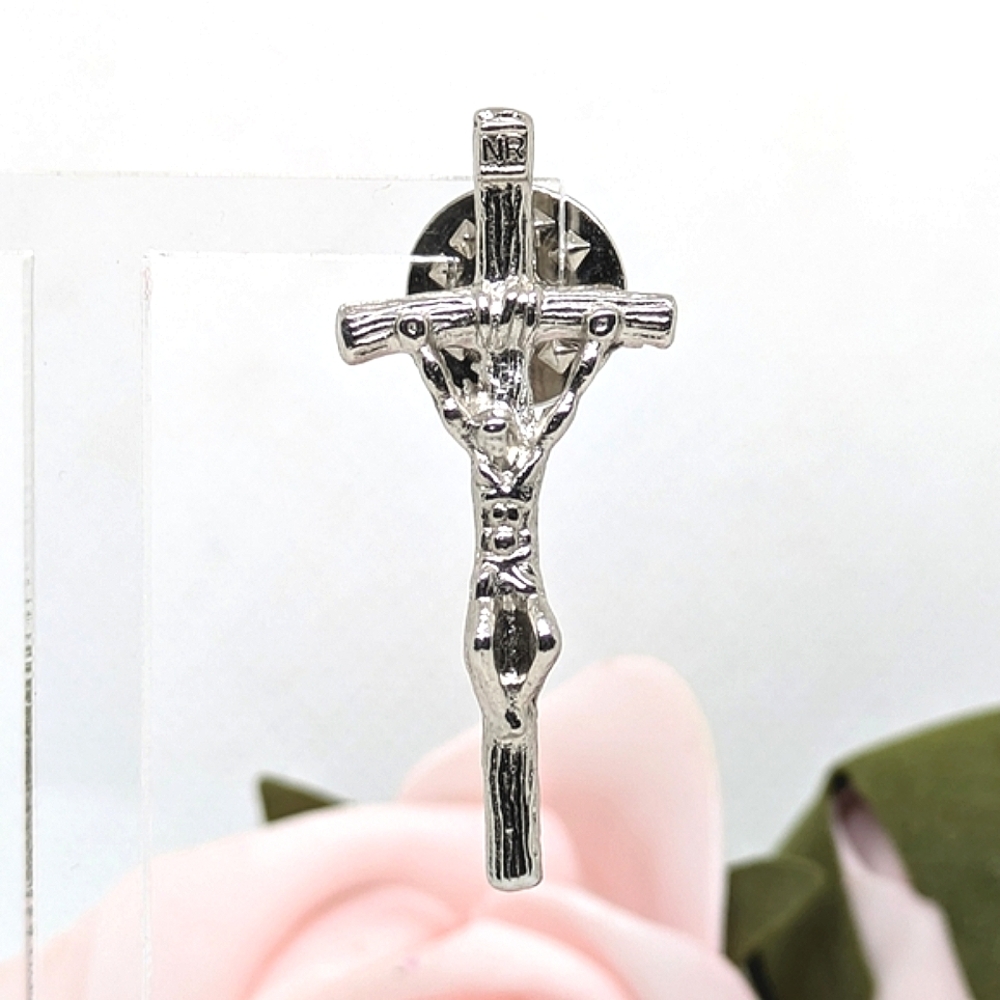 Lapel Pin Silvertone Cross Crucifix Religious Jewellery Christian Catholic